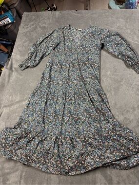 100% Cotton Floral Tiered Maxi Dress in Blue and Green - L
